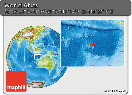 Physical Location Map of the Area around 13° 55' 11" S, 113° 58' 29" E