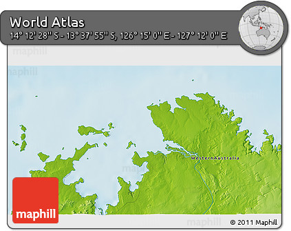 Physical 3D Map of the Area around 13° 55' 11" S, 126° 43' 29" E