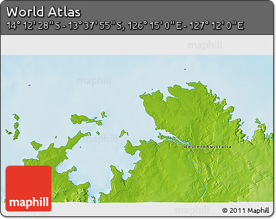 Physical 3D Map of the Area around 13° 55' 11" S, 126° 43' 29" E