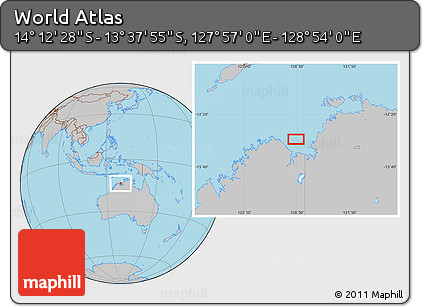 Gray Location Map of the Area around 13° 55' 11" S, 128° 25' 30" E