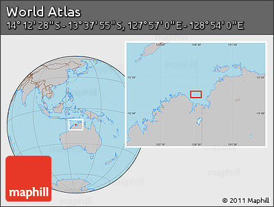 Gray Location Map of the Area around 13° 55' 11" S, 128° 25' 30" E