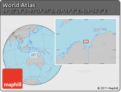 Gray Location Map of the Area around 13° 55' 11" S, 128° 25' 30" E