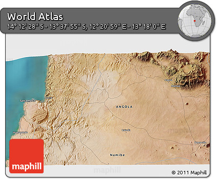 Satellite 3D Map of the Area around 13° 55' 11" S, 12° 49' 29" E