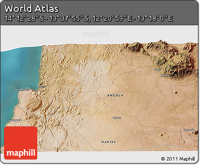 Satellite 3D Map of the Area around 13° 55' 11" S, 12° 49' 29" E