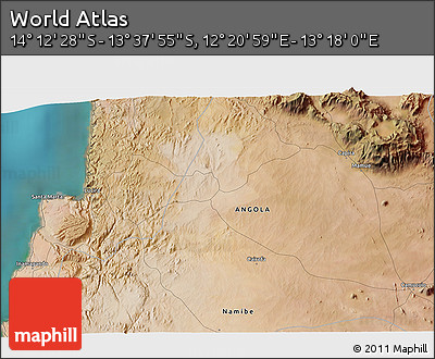 Satellite 3D Map of the Area around 13° 55' 11" S, 12° 49' 29" E