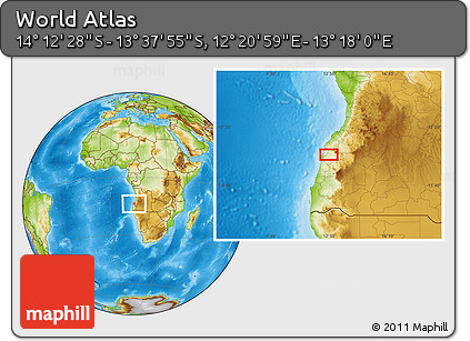 Physical Location Map of the Area around 13° 55' 11" S, 12° 49' 29" E