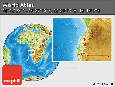 Physical Location Map of the Area around 13° 55' 11" S, 12° 49' 29" E