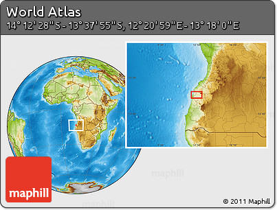 Physical Location Map of the Area around 13° 55' 11" S, 12° 49' 29" E