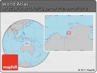 Gray Location Map of the Area around 13° 55' 11" S, 130° 7' 30" E