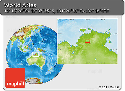 Physical Location Map of the Area around 13° 55' 11" S, 131° 49' 29" E
