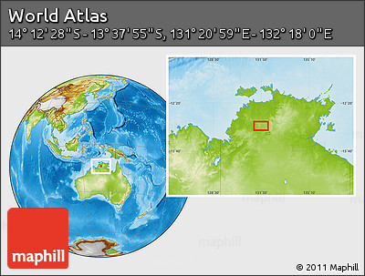Physical Location Map of the Area around 13° 55' 11" S, 131° 49' 29" E