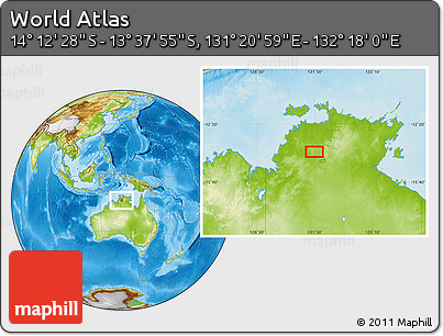 Physical Location Map of the Area around 13° 55' 11" S, 131° 49' 29" E
