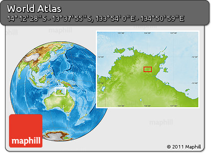 Physical Location Map of the Area around 13° 55' 11" S, 134° 22' 30" E