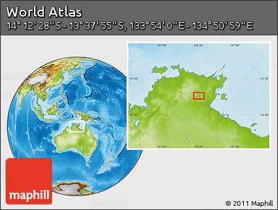 Physical Location Map of the Area around 13° 55' 11" S, 134° 22' 30" E