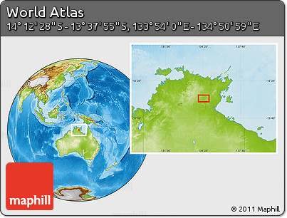 Physical Location Map of the Area around 13° 55' 11" S, 134° 22' 30" E