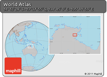 Gray Location Map of the Area around 13° 55' 11" S, 135° 13' 29" E