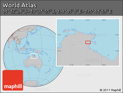 Gray Location Map of the Area around 13° 55' 11" S, 135° 13' 29" E