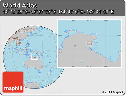 Gray Location Map of the Area around 13° 55' 11" S, 135° 13' 29" E