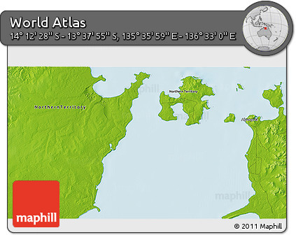 Physical 3D Map of the Area around 13° 55' 11" S, 136° 4' 29" E