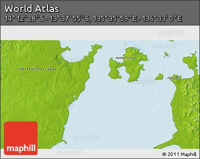 Physical 3D Map of the Area around 13° 55' 11" S, 136° 4' 29" E