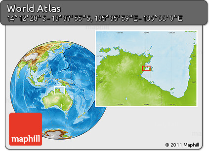 Physical Location Map of the Area around 13° 55' 11" S, 136° 4' 29" E