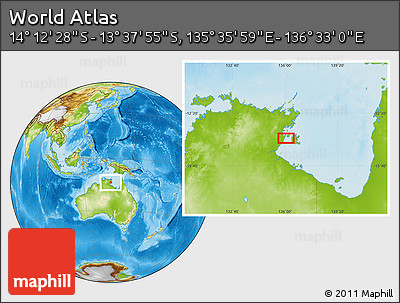 Physical Location Map of the Area around 13° 55' 11" S, 136° 4' 29" E