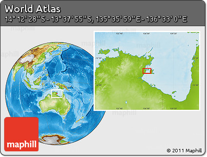 Physical Location Map of the Area around 13° 55' 11" S, 136° 4' 29" E