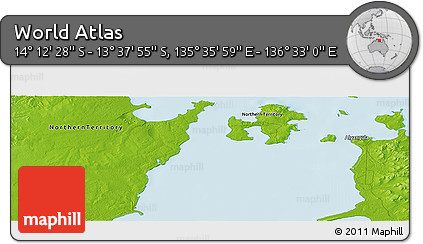 Physical Panoramic Map of the Area around 13° 55' 11" S, 136° 4' 29" E