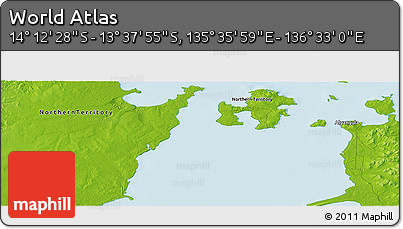 Physical Panoramic Map of the Area around 13° 55' 11" S, 136° 4' 29" E