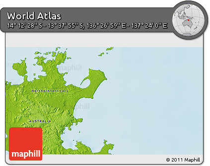 Physical 3D Map of the Area around 13° 55' 11" S, 136° 55' 30" E