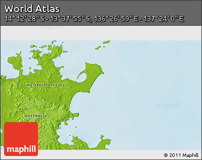 Physical 3D Map of the Area around 13° 55' 11" S, 136° 55' 30" E
