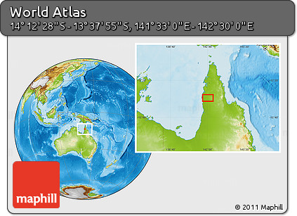 Physical Location Map of the Area around 13° 55' 11" S, 142° 1' 30" E