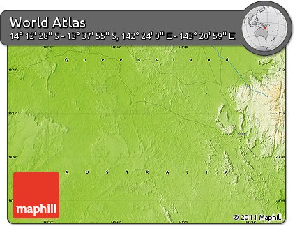 Physical Map of the Area around 13° 55' 11" S, 142° 52' 30" E