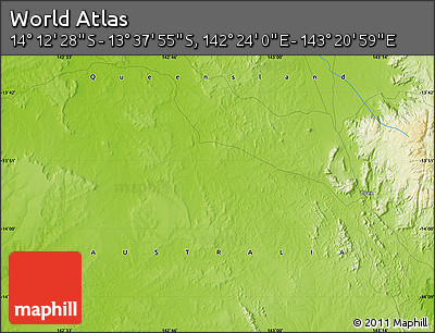 Physical Map of the Area around 13° 55' 11" S, 142° 52' 30" E