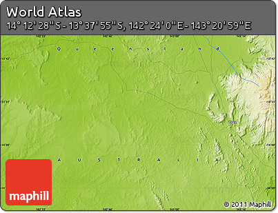Physical Map of the Area around 13° 55' 11" S, 142° 52' 30" E