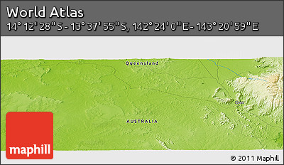 Physical Panoramic Map of the Area around 13° 55' 11" S, 142° 52' 30" E