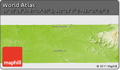 Physical Panoramic Map of the Area around 13° 55' 11" S, 142° 52' 30" E