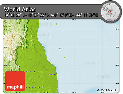 Physical Map of the Area around 13° 55' 11" S, 143° 43' 29" E