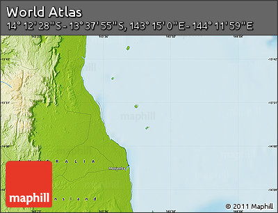 Physical Map of the Area around 13° 55' 11" S, 143° 43' 29" E