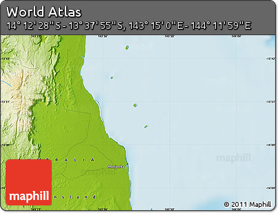 Physical Map of the Area around 13° 55' 11" S, 143° 43' 29" E