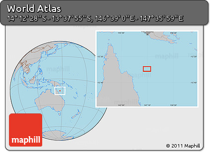 Gray Location Map of the Area around 13° 55' 11" S, 147° 7' 30" E