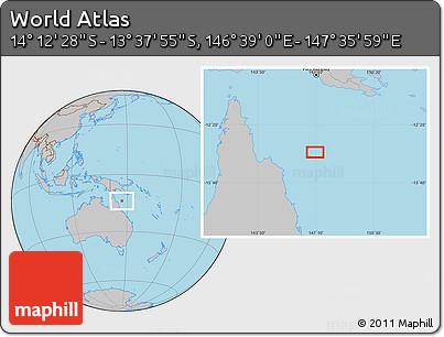 Gray Location Map of the Area around 13° 55' 11" S, 147° 7' 30" E