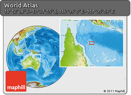 Physical Location Map of the Area around 13° 55' 11" S, 147° 7' 30" E