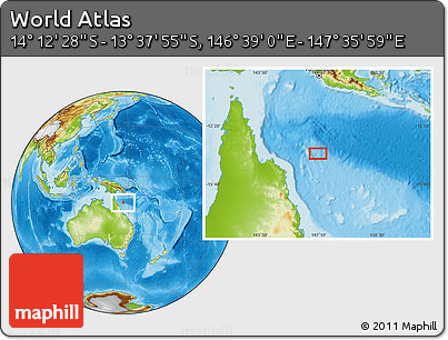 Physical Location Map of the Area around 13° 55' 11" S, 147° 7' 30" E