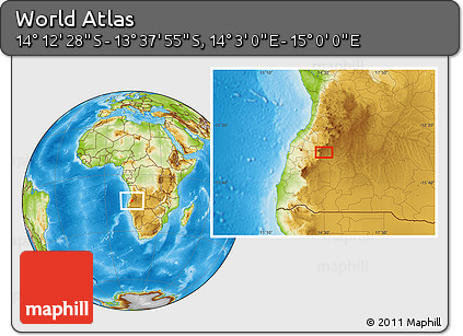Physical Location Map of the Area around 13° 55' 11" S, 14° 31' 30" E