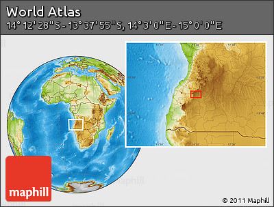 Physical Location Map of the Area around 13° 55' 11" S, 14° 31' 30" E