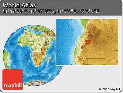 Physical Location Map of the Area around 13° 55' 11" S, 14° 31' 30" E