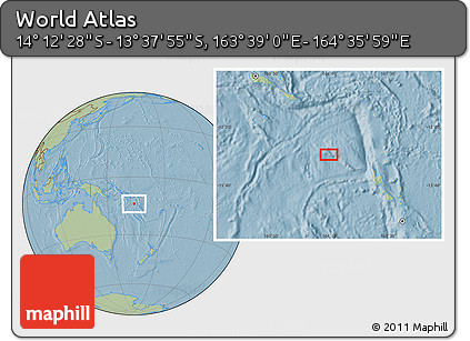 Savanna Style Location Map of the Area around 13° 55' 11" S, 164° 7' 30" E, hill shading