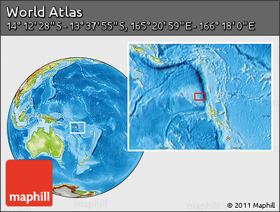 Physical Location Map of the Area around 13° 55' 11" S, 165° 49' 29" E