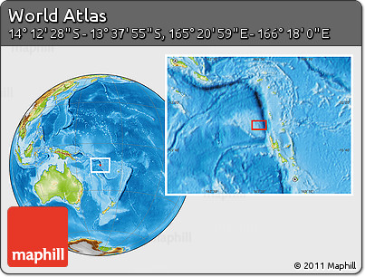 Physical Location Map of the Area around 13° 55' 11" S, 165° 49' 29" E
